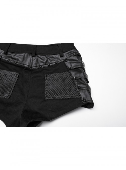 Sexy Black Metal Rivet Skull Decoration Personalized Splicing Design Punk Style Tight Shorts