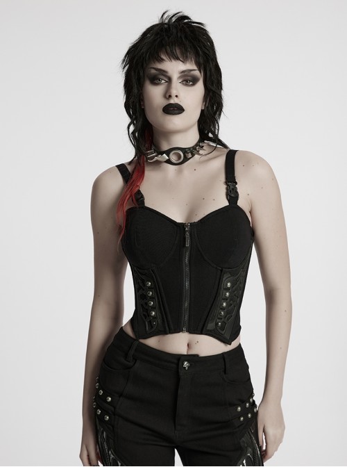 Sexy Black Stitching Cool Metal Rivets Decoration Adjustable Cyberpunk Corset