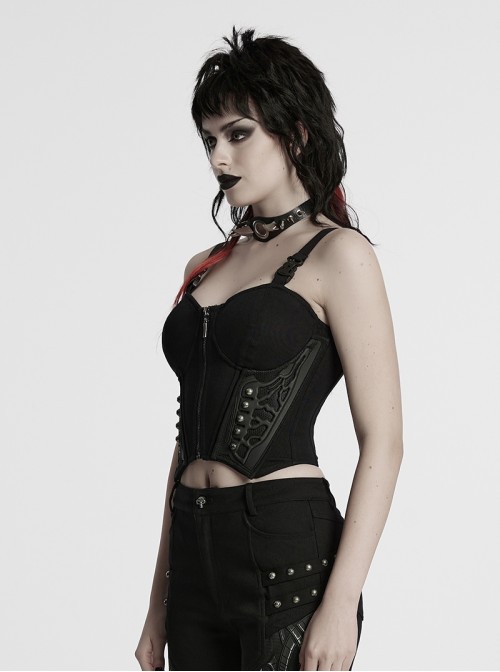 Sexy Black Stitching Cool Metal Rivets Decoration Adjustable Cyberpunk Corset