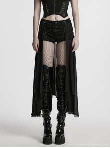 Personalized Black Detachable Mesh Tail Cool Metal Rivet Buckle Decorated Punk Style Shorts