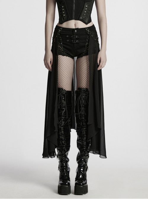 Personalized Black Detachable Mesh Tail Cool Metal Rivet Buckle Decorated Punk Style Shorts