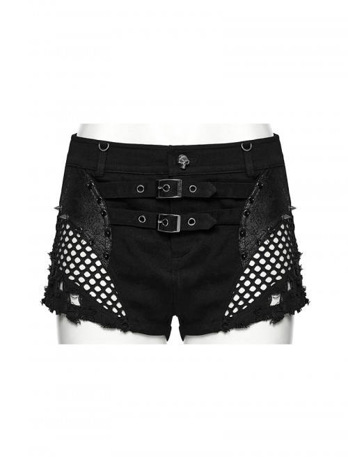 Personalized Black Detachable Mesh Tail Cool Metal Rivet Buckle Decorated Punk Style Shorts
