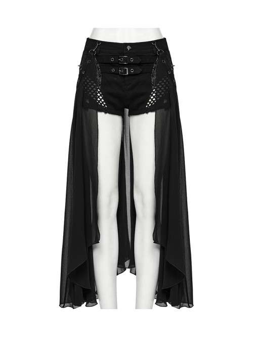Personalized Black Detachable Mesh Tail Cool Metal Rivet Buckle Decorated Punk Style Shorts