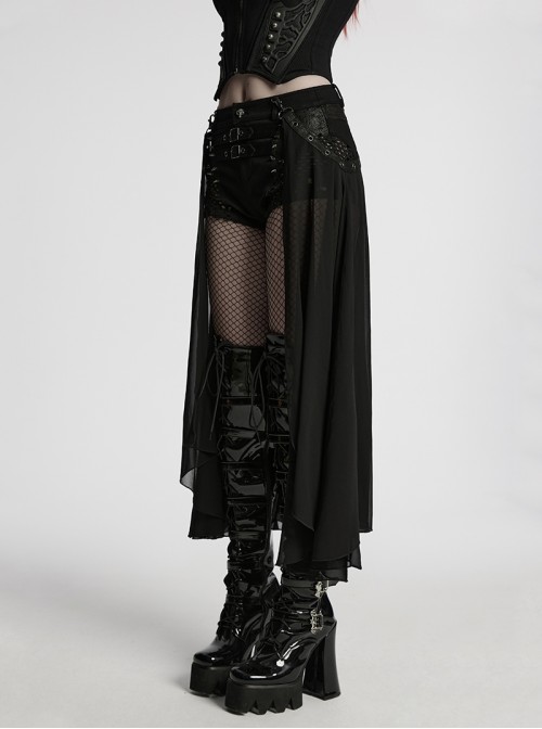 Personalized Black Detachable Mesh Tail Cool Metal Rivet Buckle Decorated Punk Style Shorts