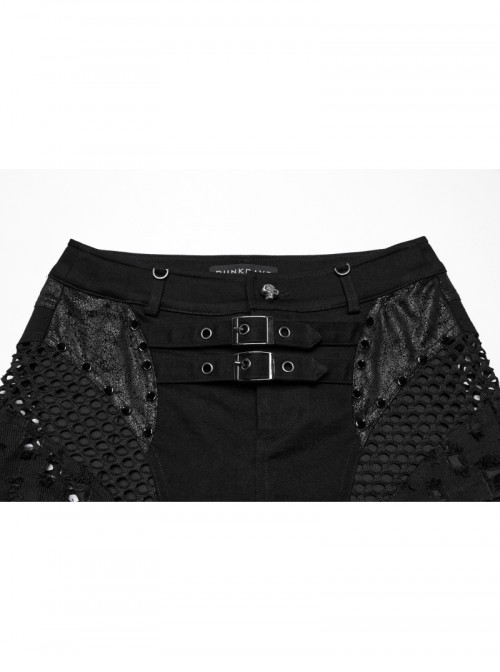 Personalized Black Detachable Mesh Tail Cool Metal Rivet Buckle Decorated Punk Style Shorts