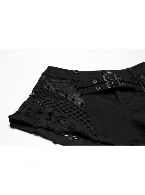 Personalized Black Detachable Mesh Tail Cool Metal Rivet Buckle Decorated Punk Style Shorts