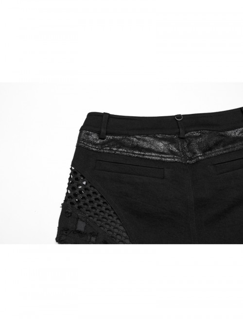 Personalized Black Detachable Mesh Tail Cool Metal Rivet Buckle Decorated Punk Style Shorts