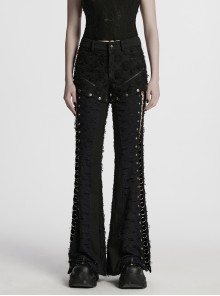Cool Dark Black Detachable Design Metal Rivet Buckle Decoration Side Personality Hollow Punk Style Flared Pants