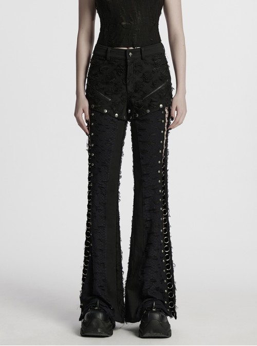 Cool Dark Black Detachable Design Metal Rivet Buckle Decoration Side Personality Hollow Punk Style Flared Pants