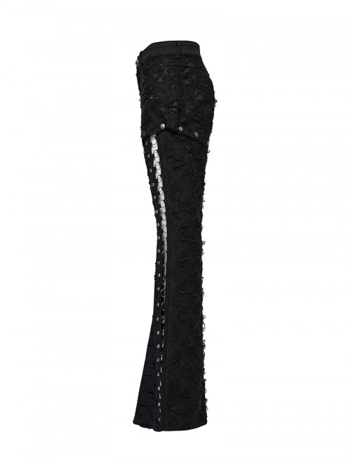 Cool Dark Black Detachable Design Metal Rivet Buckle Decoration Side Personality Hollow Punk Style Flared Pants