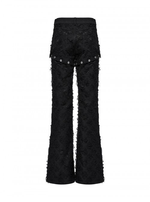 Cool Dark Black Detachable Design Metal Rivet Buckle Decoration Side Personality Hollow Punk Style Flared Pants