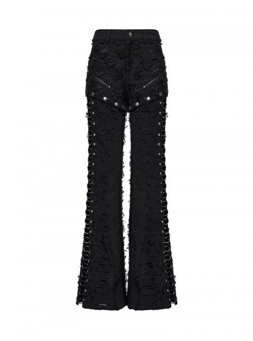 Cool Dark Black Detachable Design Metal Rivet Buckle Decoration Side Personality Hollow Punk Style Flared Pants