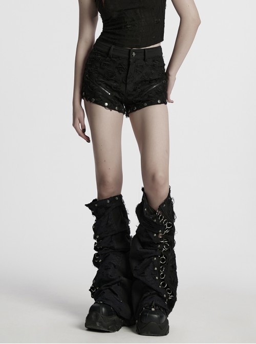 Cool Dark Black Detachable Design Metal Rivet Buckle Decoration Side Personality Hollow Punk Style Flared Pants