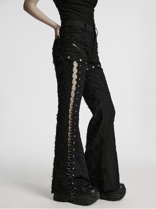 Cool Dark Black Detachable Design Metal Rivet Buckle Decoration Side Personality Hollow Punk Style Flared Pants