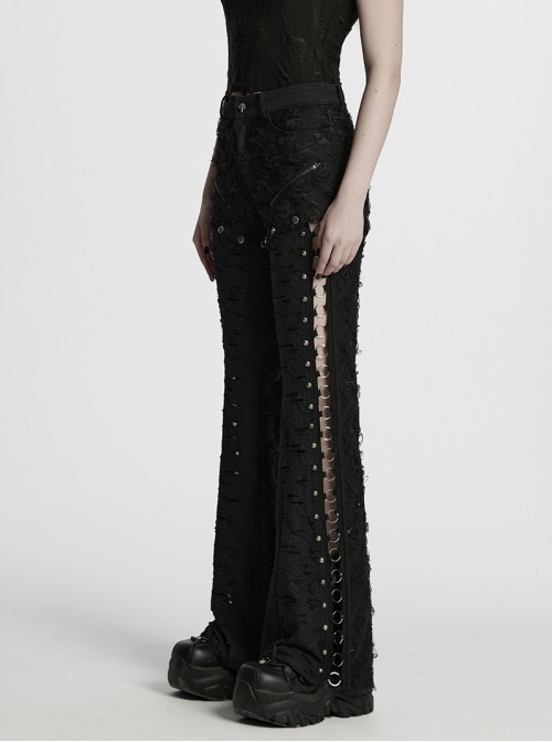 Cool Dark Black Detachable Design Metal Rivet Buckle Decoration Side Personality Hollow Punk Style Flared Pants