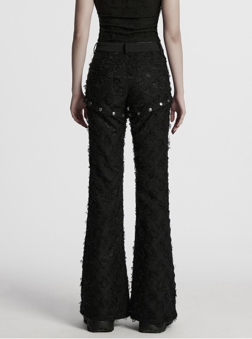 Cool Dark Black Detachable Design Metal Rivet Buckle Decoration Side Personality Hollow Punk Style Flared Pants
