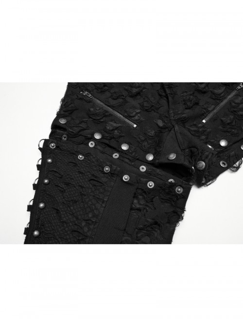 Cool Dark Black Detachable Design Metal Rivet Buckle Decoration Side Personality Hollow Punk Style Flared Pants