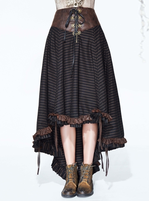Brown Striped Gear Metal Piece Lace-Up Rear Long Frilly Hem Punk Half Skirt