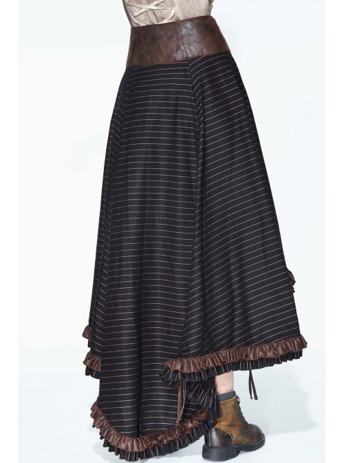 Brown Striped Gear Metal Piece Lace-Up Rear Long Frilly Hem Punk Half Skirt