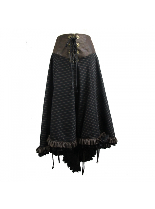 Brown Striped Gear Metal Piece Lace-Up Rear Long Frilly Hem Punk Half Skirt