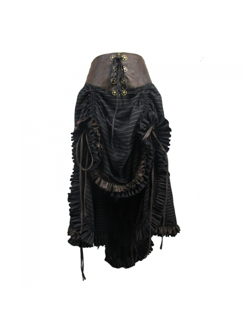 Brown Striped Gear Metal Piece Lace-Up Rear Long Frilly Hem Punk Half Skirt