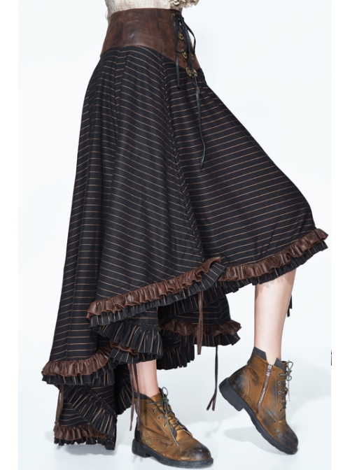 Brown Striped Gear Metal Piece Lace-Up Rear Long Frilly Hem Punk Half Skirt
