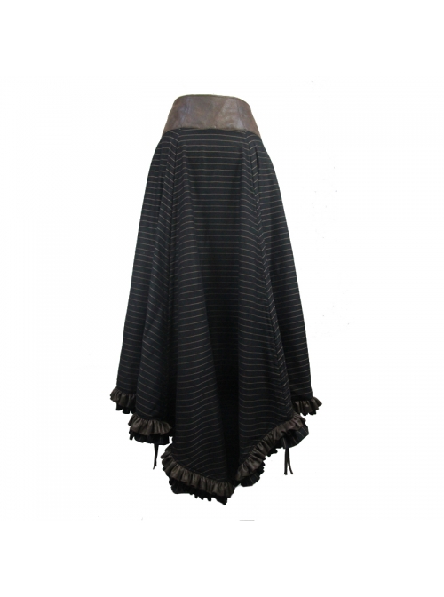 Brown Striped Gear Metal Piece Lace-Up Rear Long Frilly Hem Punk Half Skirt