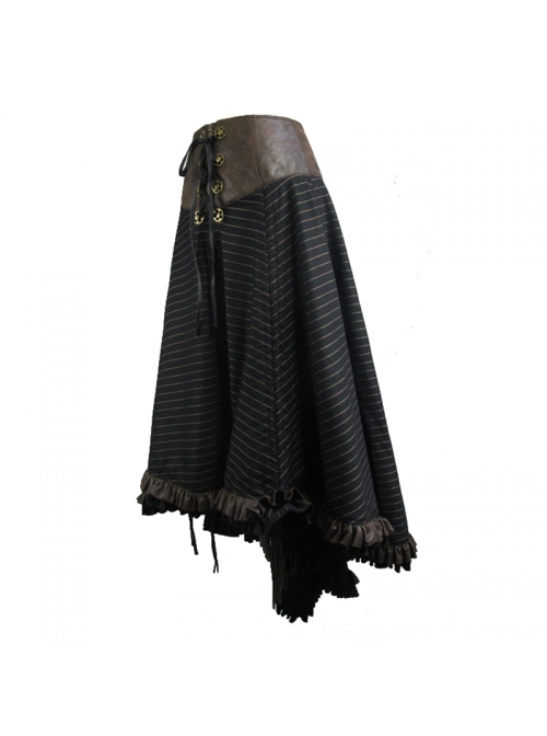 Brown Striped Gear Metal Piece Lace-Up Rear Long Frilly Hem Punk Half Skirt