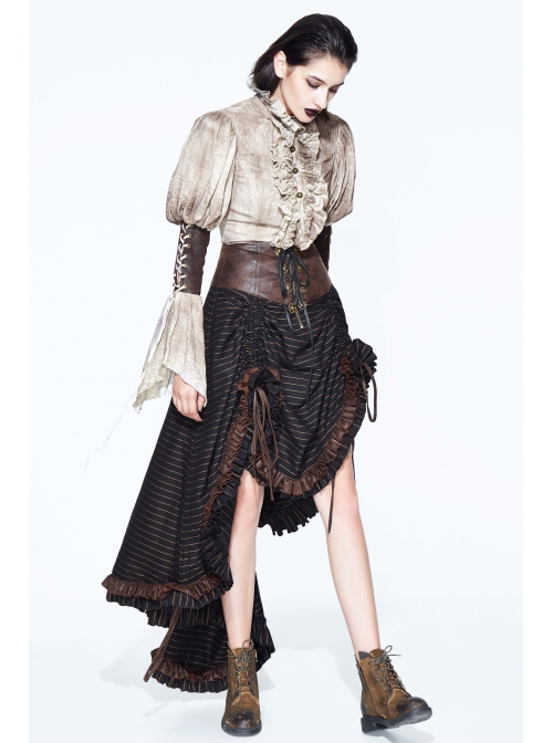 Brown Striped Gear Metal Piece Lace-Up Rear Long Frilly Hem Punk Half Skirt