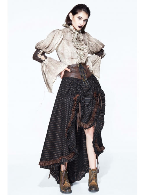 Brown Striped Gear Metal Piece Lace-Up Rear Long Frilly Hem Punk Half Skirt