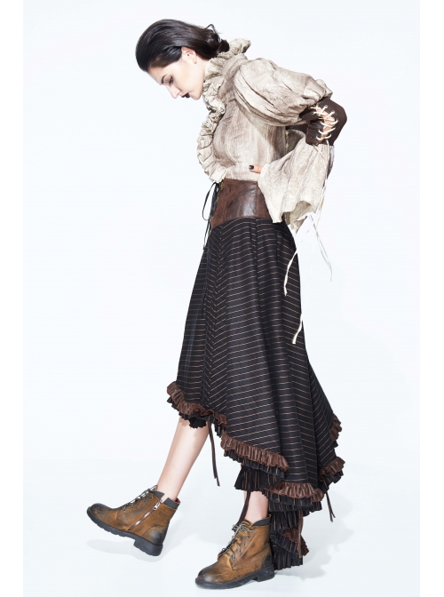 Brown Striped Gear Metal Piece Lace-Up Rear Long Frilly Hem Punk Half Skirt