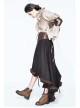 Brown Striped Gear Metal Piece Lace-Up Rear Long Frilly Hem Punk Half Skirt