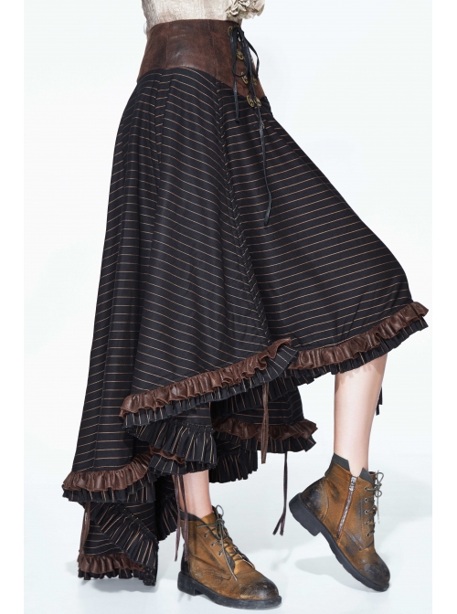 Brown Striped Gear Metal Piece Lace-Up Rear Long Frilly Hem Punk Half Skirt