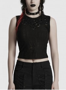 Cool Black Irregular Holes Personalized Metal Buckle Decoration Punk Style Slim Vest