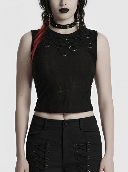 Cool Black Irregular Holes Personalized Metal Buckle Decoration Punk Style Slim Vest