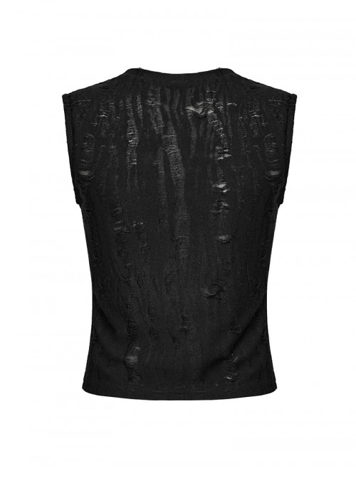 Cool Black Irregular Holes Personalized Metal Buckle Decoration Punk Style Slim Vest