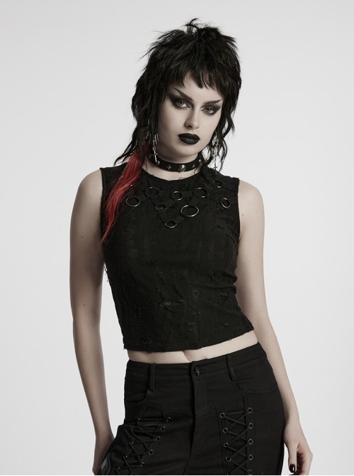 Cool Black Irregular Holes Personalized Metal Buckle Decoration Punk Style Slim Vest