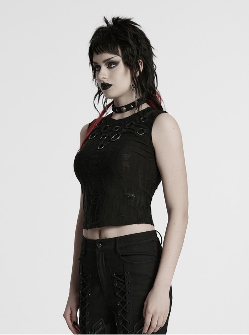 Cool Black Irregular Holes Personalized Metal Buckle Decoration Punk Style Slim Vest