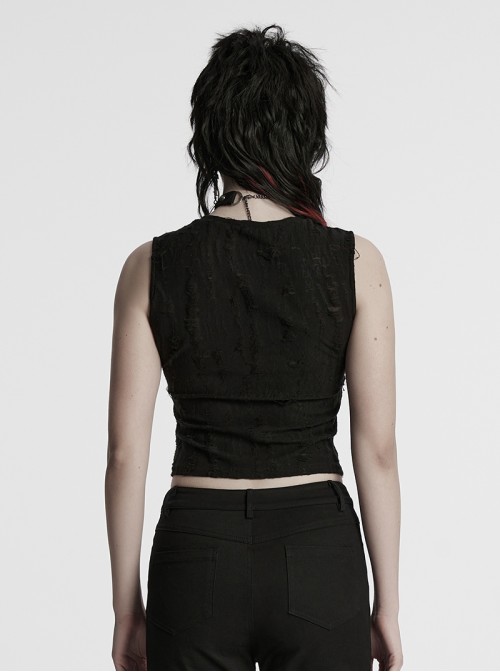 Cool Black Irregular Holes Personalized Metal Buckle Decoration Punk Style Slim Vest