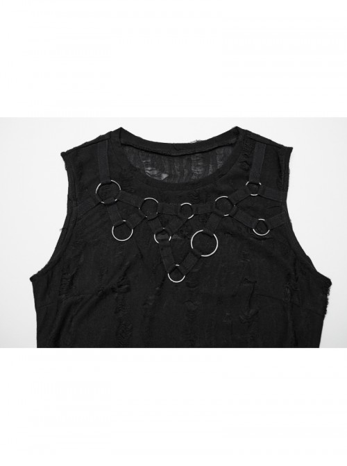 Cool Black Irregular Holes Personalized Metal Buckle Decoration Punk Style Slim Vest