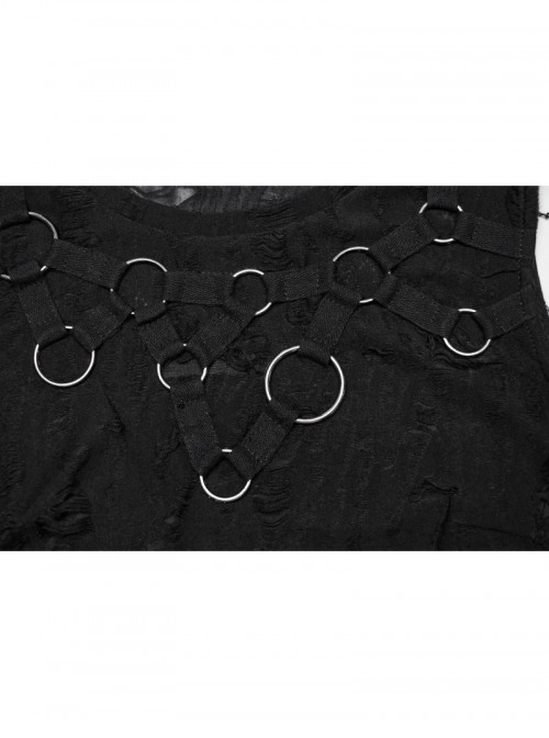 Cool Black Irregular Holes Personalized Metal Buckle Decoration Punk Style Slim Vest