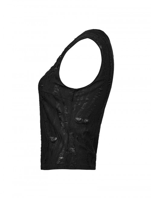 Cool Black Irregular Holes Personalized Metal Buckle Decoration Punk Style Slim Vest