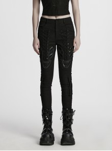 Personalized Black Unique 3D Vinyl Armor Patch Cross Straps Decorated Cyberpunk Style Slim Pants