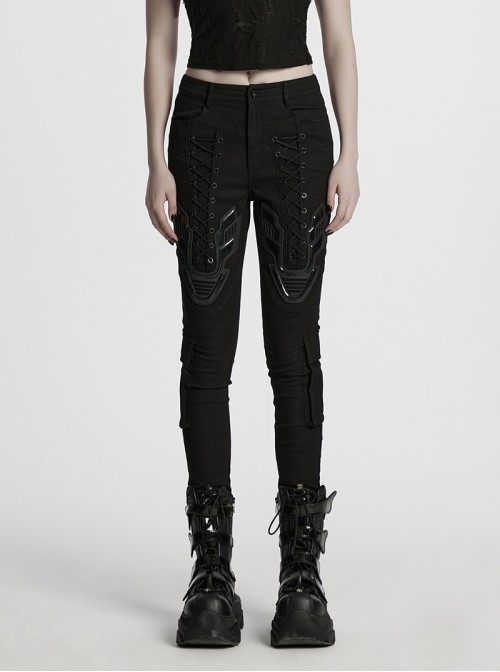 Personalized Black Unique 3D Vinyl Armor Patch Cross Straps Decorated Cyberpunk Style Slim Pants