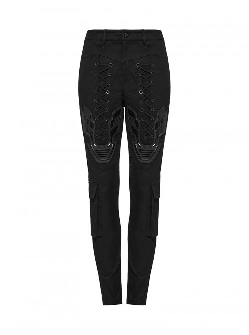 Personalized Black Unique 3D Vinyl Armor Patch Cross Straps Decorated Cyberpunk Style Slim Pants