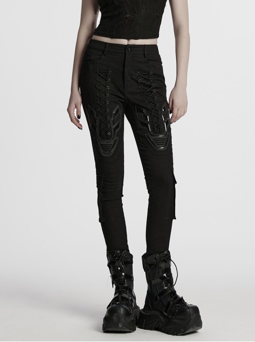 Personalized Black Unique 3D Vinyl Armor Patch Cross Straps Decorated Cyberpunk Style Slim Pants