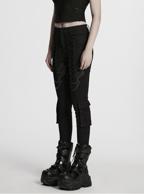 Personalized Black Unique 3D Vinyl Armor Patch Cross Straps Decorated Cyberpunk Style Slim Pants