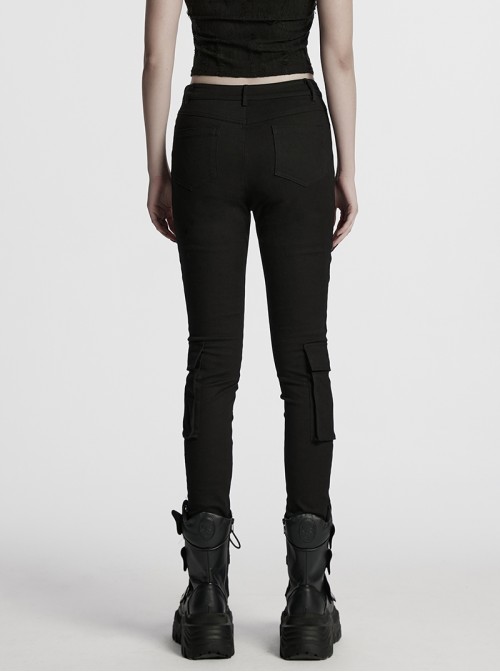 Personalized Black Unique 3D Vinyl Armor Patch Cross Straps Decorated Cyberpunk Style Slim Pants