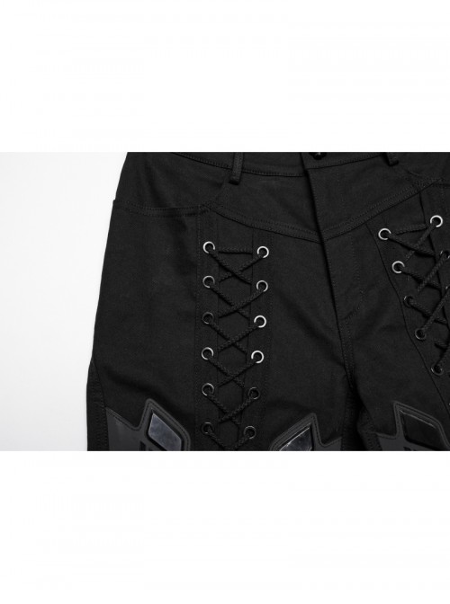 Personalized Black Unique 3D Vinyl Armor Patch Cross Straps Decorated Cyberpunk Style Slim Pants