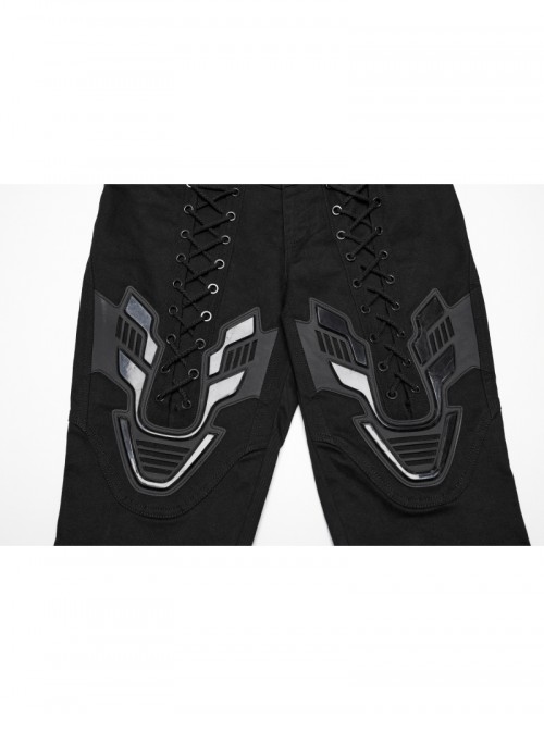 Personalized Black Unique 3D Vinyl Armor Patch Cross Straps Decorated Cyberpunk Style Slim Pants